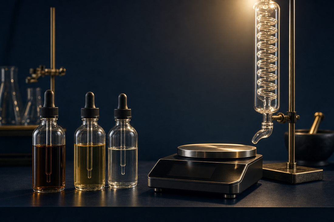 Modern lab bench with three glass tincture bottles, digital scale, and a coiled glass condenser