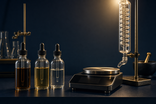 Modern lab bench with three glass tincture bottles, digital scale, and a coiled glass condenser