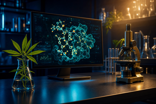 Laboratory bench with glowing molecular visualization on monitor beside hemp leaves and microscope
