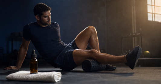 Male athlete in navy training apparel using a foam roller in a dim gym, amber dropper bottle on a towel