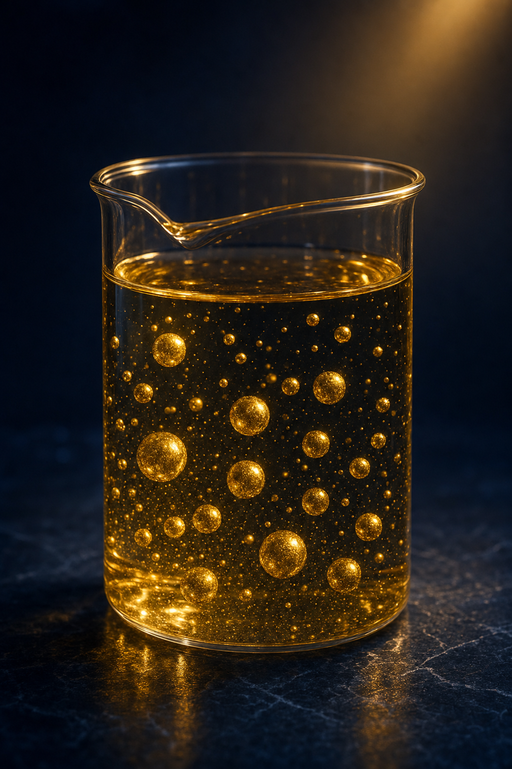 Lab beaker with golden liquid containing glowing nanoparticle spheres in suspension