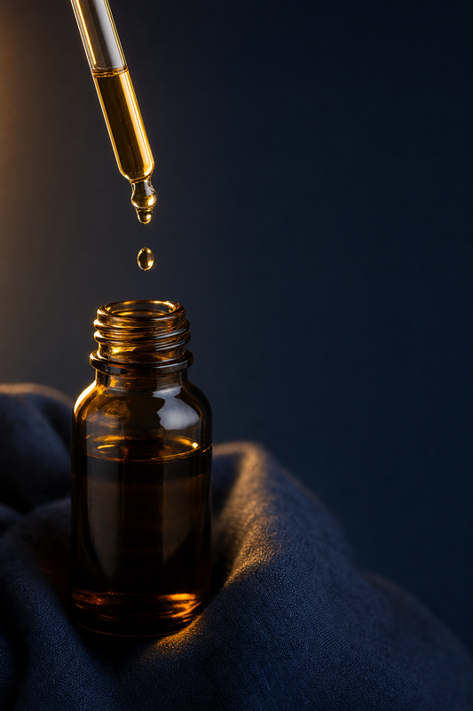 Glass dropper releasing a single golden drop above an open amber tincture bottle on dark navy fabric