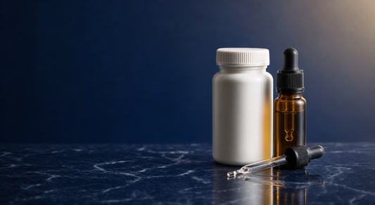 White prescription bottle and amber CBD dropper bottle on dark navy marble