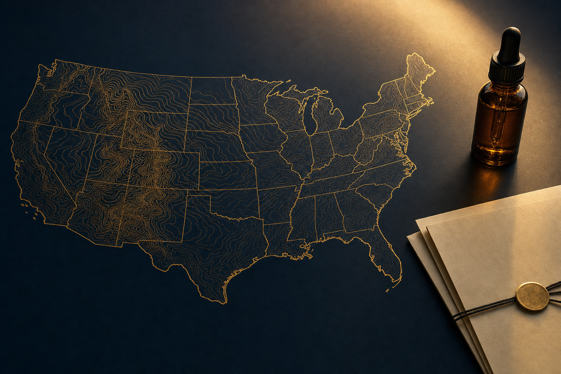 Topographic gold outline map of the United States on dark navy paper with a CBD dropper bottle and folded document
