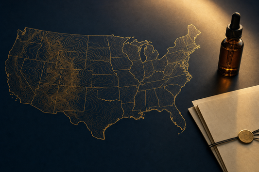 Topographic gold outline map of the United States on dark navy paper with a CBD dropper bottle and folded document