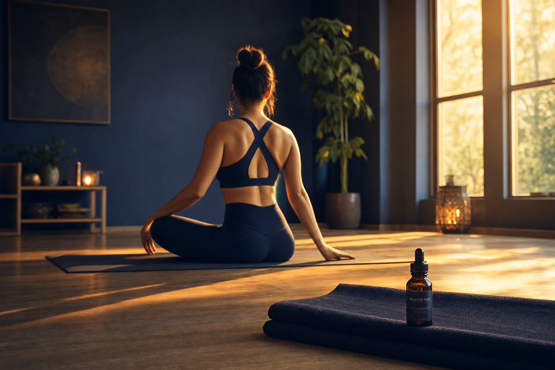 Woman in navy yoga apparel stretching in a warmly lit studio with amber CBD bottle on a folded mat