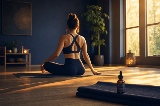 Woman in navy yoga apparel stretching in a warmly lit studio with amber CBD bottle on a folded mat