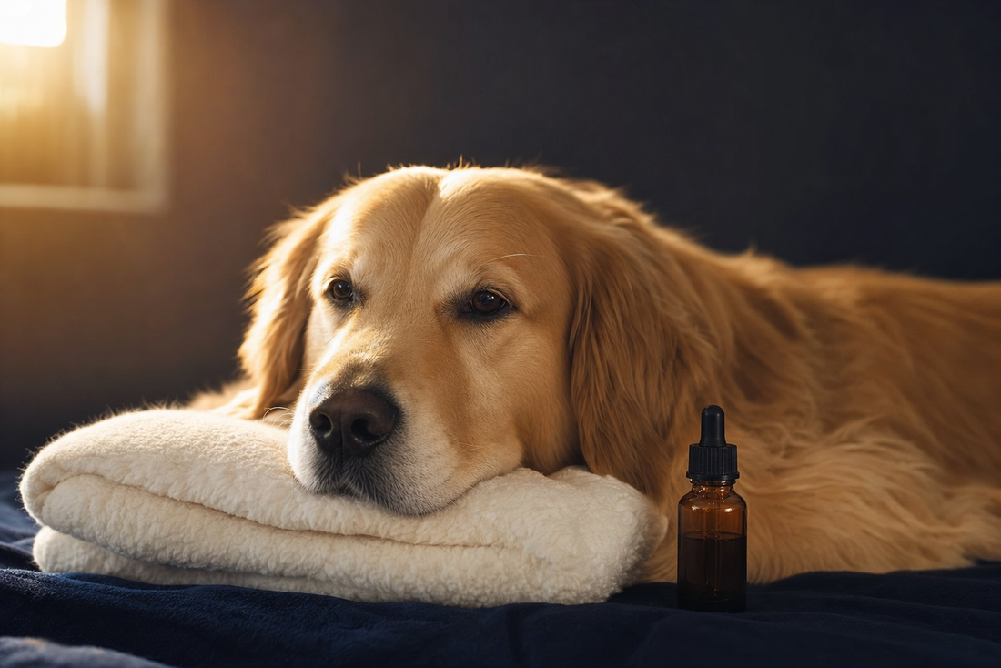 Calm golden retriever resting on a white blanket beside an amber CBD dropper bottle in warm light