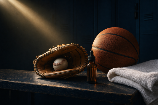 Baseball glove, basketball, towel, and amber tincture bottle on dark wooden locker room bench