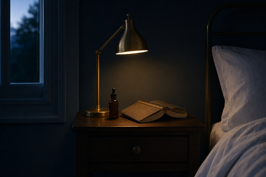 Nightstand in a dim bedroom with amber CBD bottle, brass lamp casting gold light, and an open book