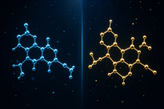 Two 3D molecular structures floating in deep navy: a cyan blue CBD molecule and a gold THC molecule