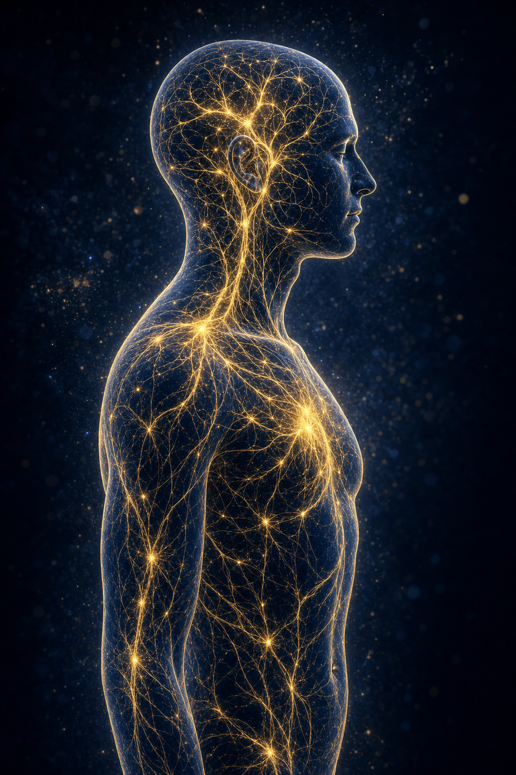 Glowing human silhouette with luminous gold neural pathways branching throughout the body