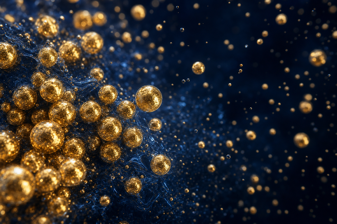 Macro shot of glowing gold nanoparticle spheres suspended in deep navy liquid