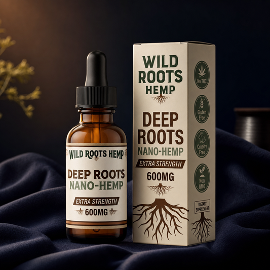 Wild Roots Hemp Deep Roots Nano-Hemp 600mg amber dropper bottle and cream box on dark navy linen, editorial product photography