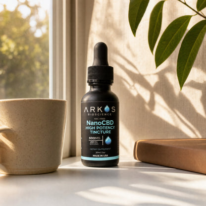 High Potency NanoCBD label in morning sunlight